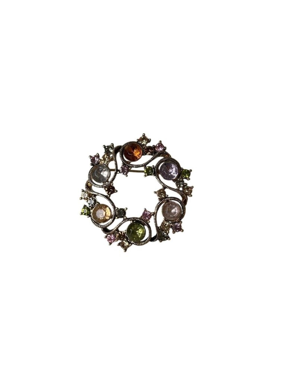Vintage Monet Brooch Gold Tone Rhinestone Wreath Pin Multi-Color Signed Jewelry